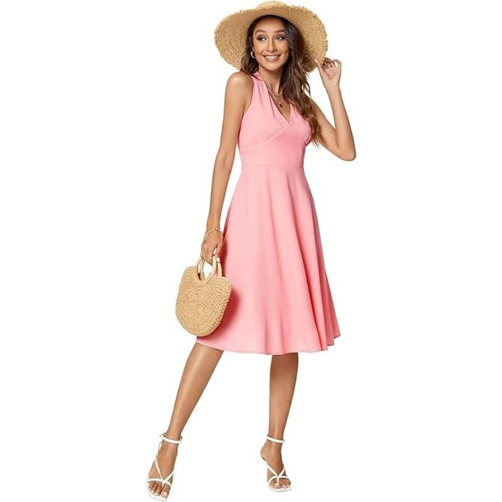 Casual V Neck Sleeveless Solid A-Line Cocktail Flare Swing Midi Dress, Pink, L
